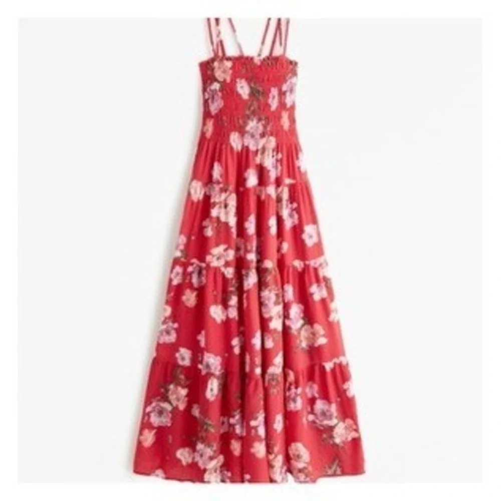 Abercrombie & Fitch Red Floral Smocked Tiered Maxi Dress Pockets Small